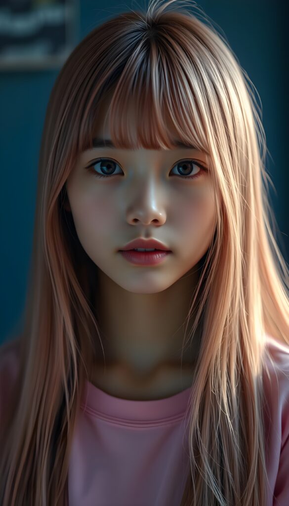 a detailed and realistic photo from a young Asian teen girl with long, flowing pink straight hair and charming bangs. Her flawless skin and deep blue eyes shine brightly under the soft, ethereal glow. She wears a simple pink t-shirt, black and blue backdrop. She has that cute puppy-dog look. Focus on her round face. HDR.