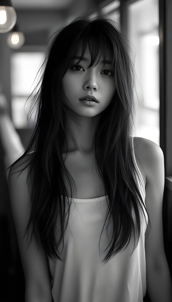 a detailed and realistic ((black and white photo)) from a cute, young stunning Japanese girl with long open straight messy soft hair, bangs, strains of hair in her face, she wears a plain smooth tank top in white. She looks very seductive. Stunning. Gorgeous.