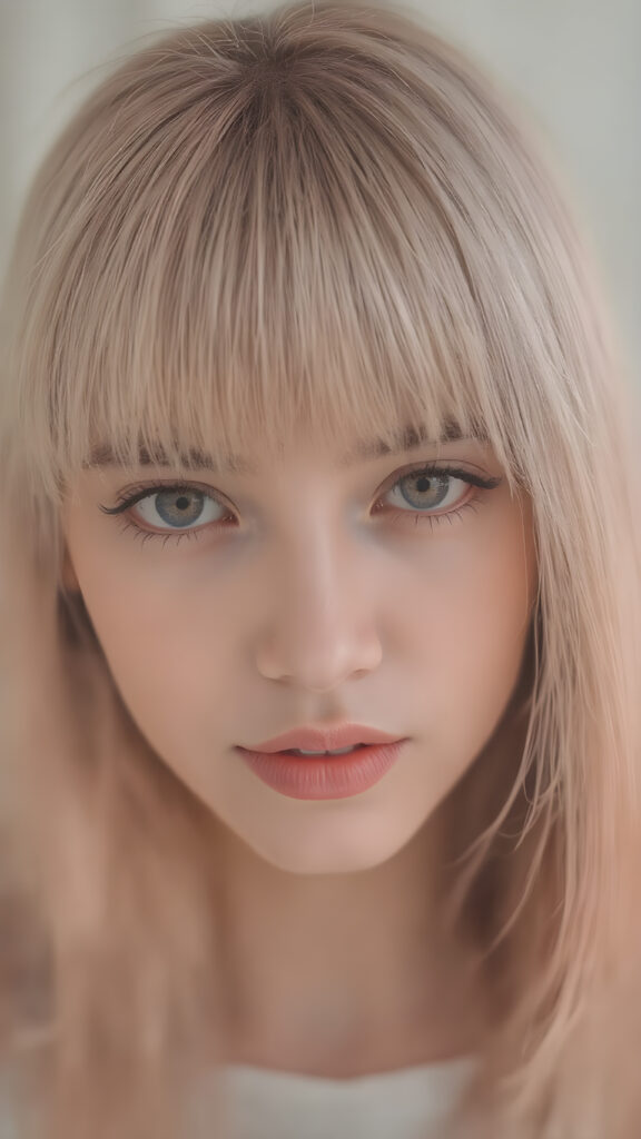 a detailed and realistic young woman with straight pink soft hair, the hair frame her round face, bangs, cute, gorgeous, stunning