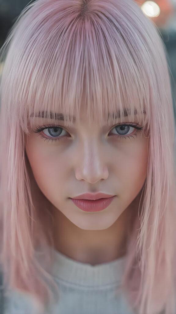 a detailed and realistic young woman with straight pink soft hair, the hair frame her round face, bangs, cute, gorgeous, stunning