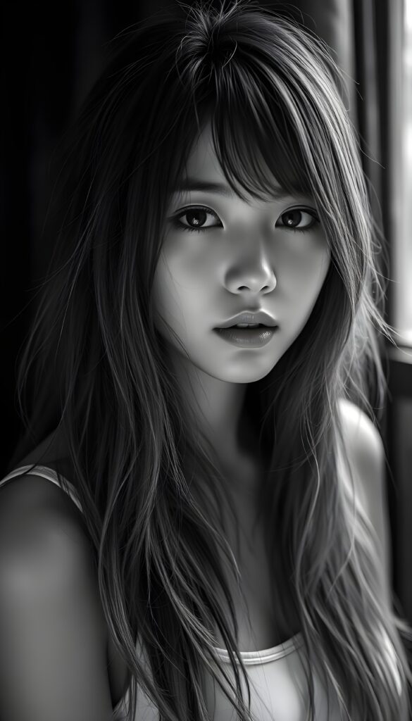 a detailed and realistic ((black and white photo)) from a cute, young stunning Japanese girl with long open straight messy soft hair, bangs, strains of hair in her face, she wears a plain smooth tank top in white. She looks very seductive. Stunning. Gorgeous.