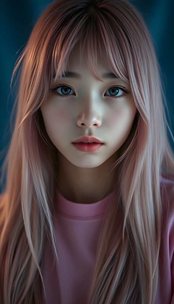 a detailed and realistic photo from a young Asian teen girl with long, flowing pink straight hair and charming bangs. Her flawless skin and deep blue eyes shine brightly under the soft, ethereal glow. She wears a simple pink t-shirt, black and blue backdrop. She has that cute puppy-dog look. Focus on her round face. HDR.