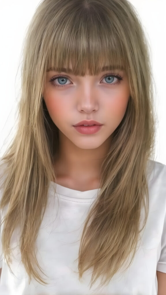 a detailed and realistic watercolor picture of the very beautiful girl. She has ((straight natural super long (greenish-brown hair, bangs) with intricate details)), that flows gracefully down her back. The figure is dressed in ((white short t-shirt)), enhancing the natural beauty of the figure. The overall atmosphere of the picture is ((softly dreamy)) and ((extremely detailed)), with ((eyes that convey a sense of warmth and fantasy)).