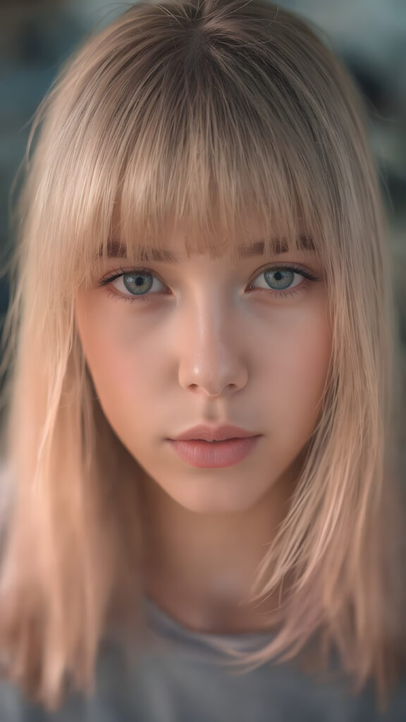 a detailed and realistic young woman with straight pink soft hair, the hair frame her round face, bangs, cute, gorgeous, stunning