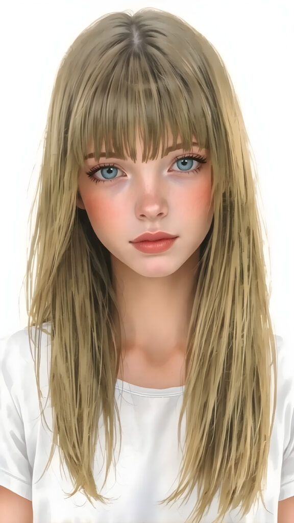 a detailed and realistic watercolor picture of the very beautiful girl. She has ((straight natural super long (greenish-brown hair, bangs) with intricate details)), that flows gracefully down her back. The figure is dressed in ((white short t-shirt)), enhancing the natural beauty of the figure. The overall atmosphere of the picture is ((softly dreamy)) and ((extremely detailed)), with ((eyes that convey a sense of warmth and fantasy)).