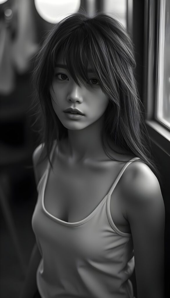 a detailed and realistic ((black and white photo)) from a cute, young stunning Japanese girl with long open straight messy soft hair, bangs, strains of hair in her face, she wears a plain smooth tank top in white. She looks very seductive. Stunning. Gorgeous.