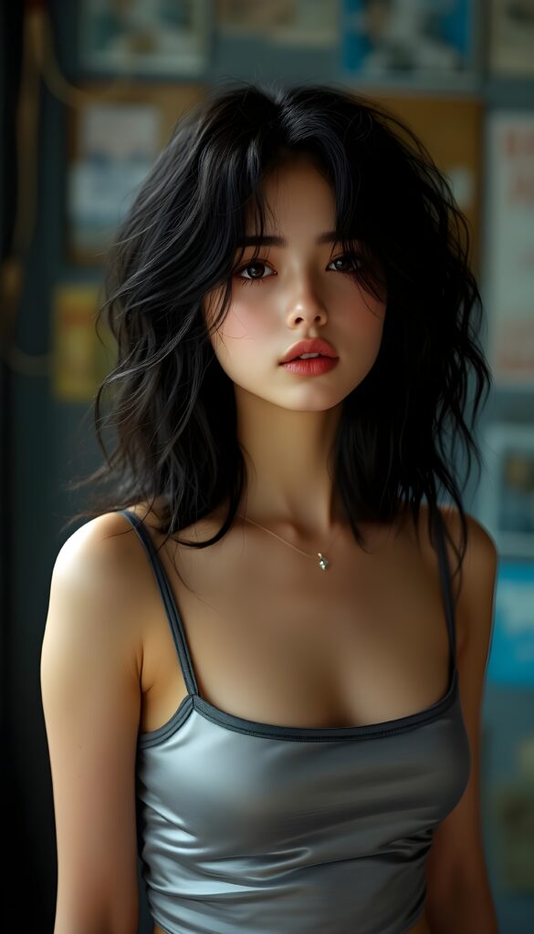 a detailed and realistic picture of a teen girl, realistic 4k HDR, she has wavy deep black hair, her hair has exact the same length ride and left side, bob cut, full lips, round face, she wears a thin plain silver undershirt, perfect female curved body