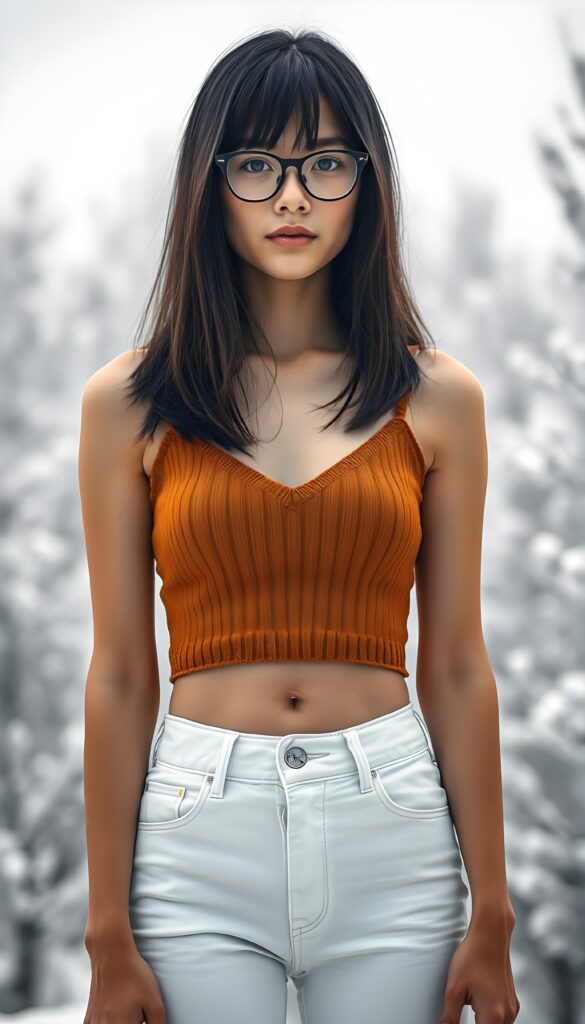 a detailed and realistic body photo: a (((white-skinned young tanned teen girl with soft, ((black shoulder long straight hair and brown highlights, bangs))), wearing a ((plain amber fine wool cropped tank top, deep v-neck, white denim jeans pants))), perfect curved fit body, you can see her cute round belly button, standing confidently in a serene snow-covered ((white landscape, trees)), black glasses.