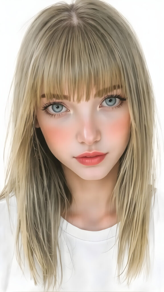 a detailed and realistic watercolor picture of the very beautiful girl. She has ((straight natural super long (greenish-brown hair, bangs) with intricate details)), that flows gracefully down her back. The figure is dressed in ((white short t-shirt)), enhancing the natural beauty of the figure. The overall atmosphere of the picture is ((softly dreamy)) and ((extremely detailed)), with ((eyes that convey a sense of warmth and fantasy)).