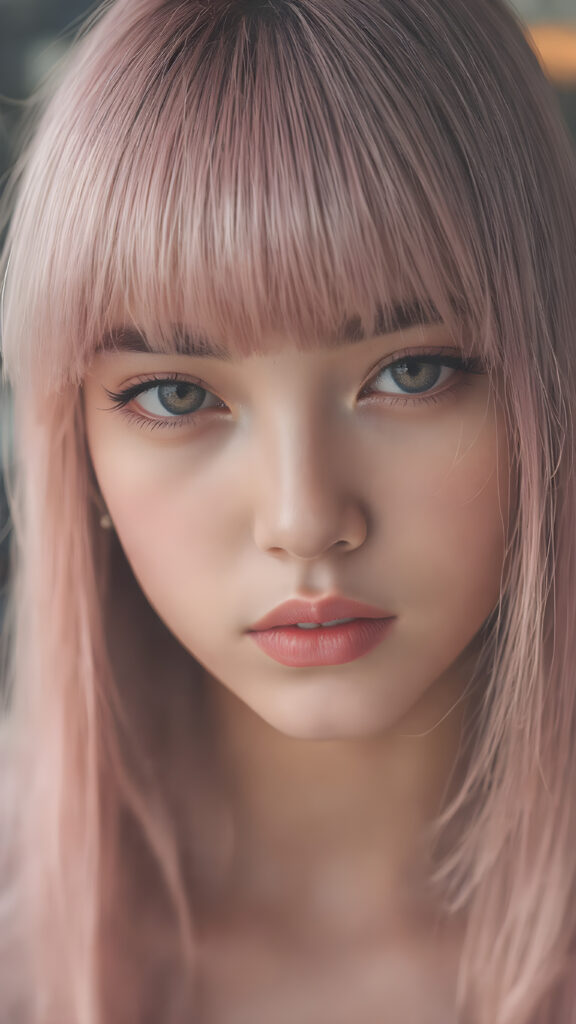 a detailed and realistic young woman with straight pink soft hair, the hair frame her round face, bangs, cute, gorgeous, stunning