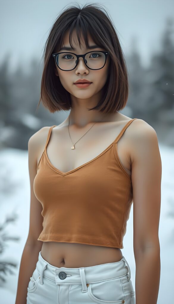 a detailed and realistic body photo: a (((white-skinned young tanned teen girl with soft, ((black shoulder long straight hair and brown highlights, bangs))), wearing a ((plain amber fine wool cropped tank top, deep v-neck, white denim jeans pants))), perfect curved fit body, you can see her cute round belly button, standing confidently in a serene snow-covered ((white landscape, trees)), black glasses.
