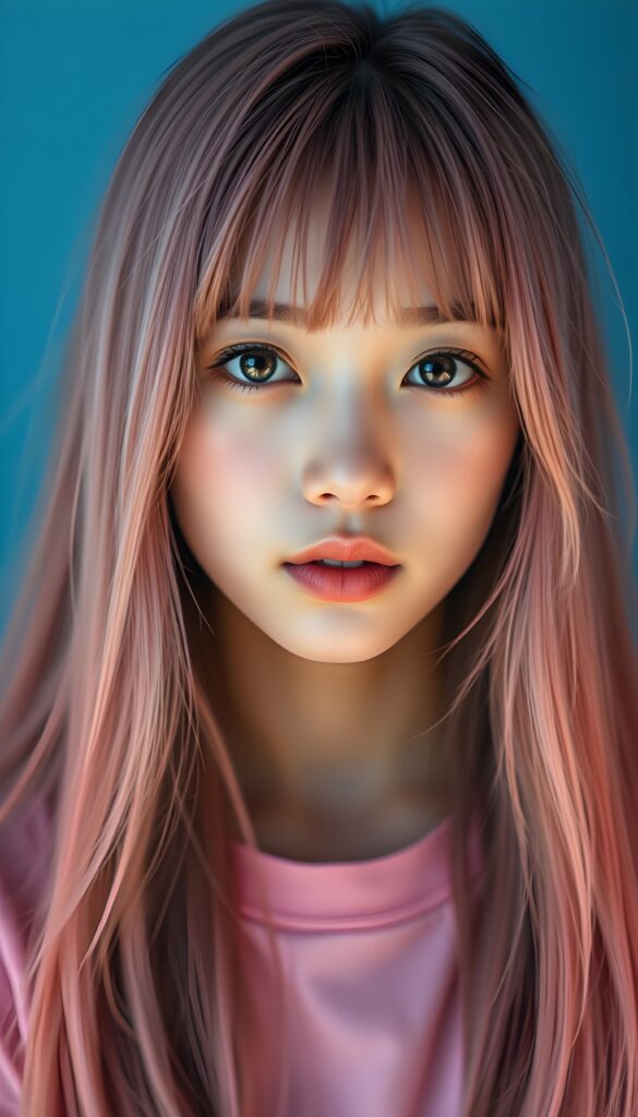 a detailed and realistic photo from a young Asian teen girl with long, flowing pink straight hair and charming bangs. Her flawless skin and deep blue eyes shine brightly under the soft, ethereal glow. She wears a simple pink t-shirt, black and blue backdrop. She has that cute puppy-dog look. Focus on her round face. HDR.