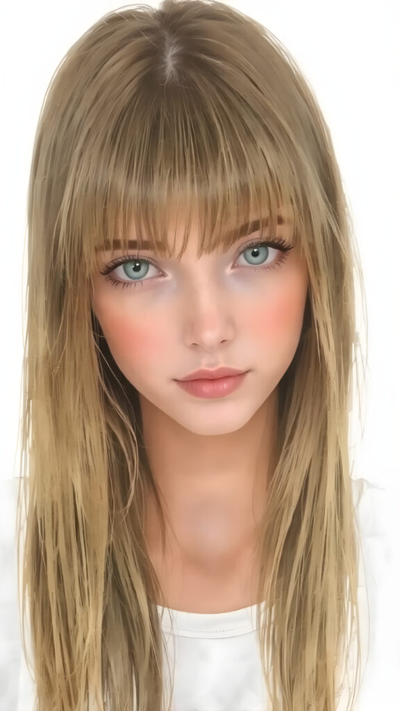 a detailed and realistic watercolor picture of the very beautiful girl. She has ((straight natural super long (greenish-brown hair, bangs) with intricate details)), that flows gracefully down her back. The figure is dressed in ((white short t-shirt)), enhancing the natural beauty of the figure. The overall atmosphere of the picture is ((softly dreamy)) and ((extremely detailed)), with ((eyes that convey a sense of warmth and fantasy)).
