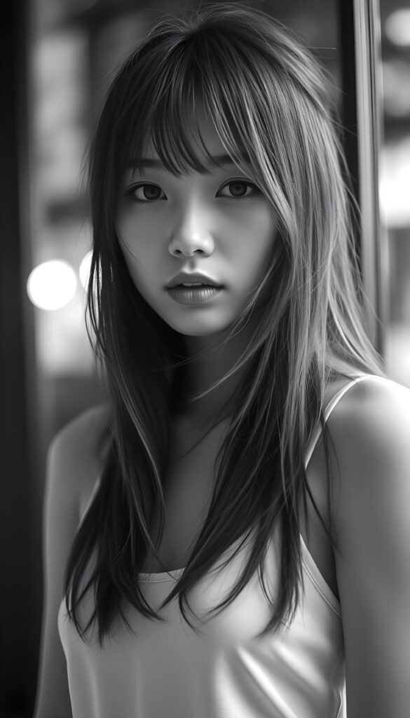 a detailed and realistic ((black and white photo)) from a cute, young stunning Japanese girl with long open straight messy soft hair, bangs, strains of hair in her face, she wears a plain smooth tank top in white. She looks very seductive. Stunning. Gorgeous.