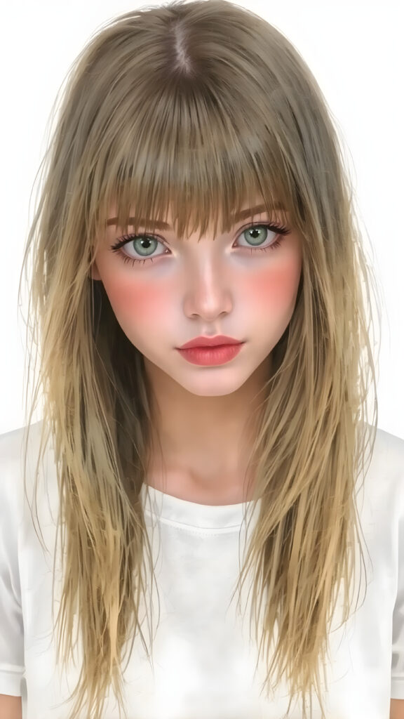 a detailed and realistic watercolor picture of the very beautiful girl. She has ((straight natural super long (greenish-brown hair, bangs) with intricate details)), that flows gracefully down her back. The figure is dressed in ((white short t-shirt)), enhancing the natural beauty of the figure. The overall atmosphere of the picture is ((softly dreamy)) and ((extremely detailed)), with ((eyes that convey a sense of warmth and fantasy)).