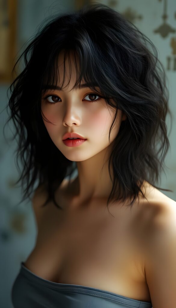 a detailed and realistic picture of a teen girl, realistic 4k HDR, she has wavy deep black hair, her hair has exact the same length ride and left side, bob cut, full lips, round face, she wears a thin plain silver undershirt, perfect female curved body