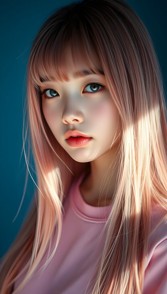 a detailed and realistic photo from a young Asian teen girl with long, flowing pink straight hair and charming bangs. Her flawless skin and deep blue eyes shine brightly under the soft, ethereal glow. She wears a simple pink t-shirt, black and blue backdrop. She has that cute puppy-dog look. Focus on her round face. HDR.