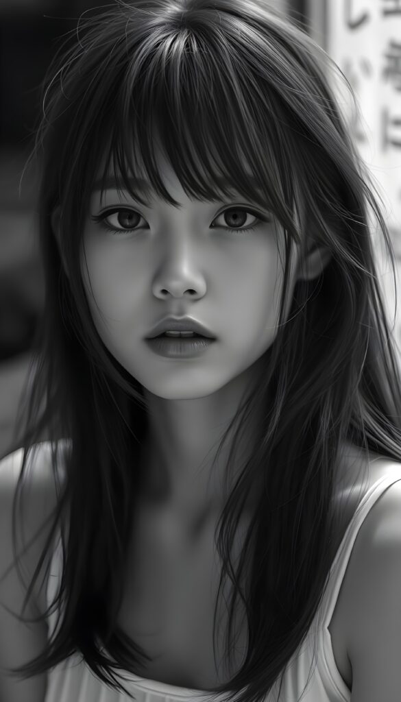 a detailed and realistic ((black and white photo)) from a cute, young stunning Japanese girl with long open straight messy soft hair, bangs, strains of hair in her face, she wears a plain smooth tank top in white. She looks very seductive. Stunning. Gorgeous.