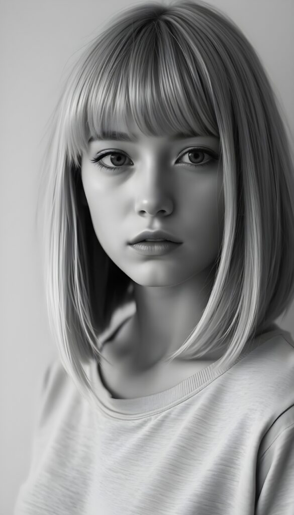 a detailed ((black and white photo)) from a young woman, bob and bangs cut, straight hair, full lips, dark eyes, she is sad, silver platinum hair. Cute. Stunning. Simple light grey T-Shirt. Empty light grey dotted backdrop. All in a slightly side view.