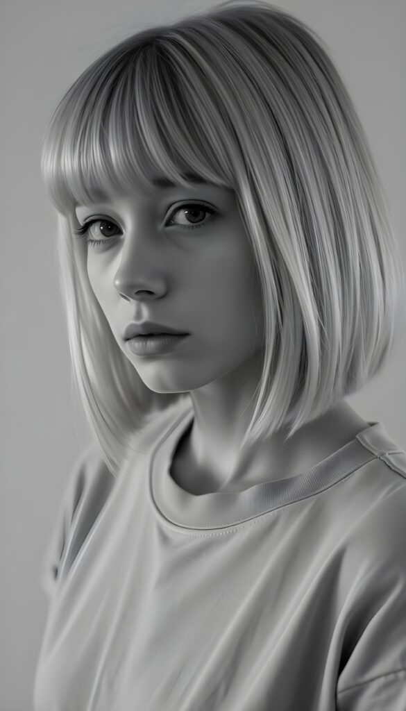 a detailed ((black and white photo)) from a young woman, bob and bangs cut, straight hair, full lips, dark eyes, she is sad, silver platinum hair. Cute. Stunning. Simple light grey T-Shirt. Empty light grey dotted backdrop. All in a slightly side view.