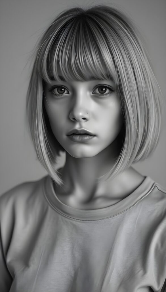 a detailed ((black and white photo)) from a young woman, bob and bangs cut, straight hair, full lips, dark eyes, she is sad, silver platinum hair. Cute. Stunning. Simple light grey T-Shirt. Empty light grey dotted backdrop. All in a slightly side view.