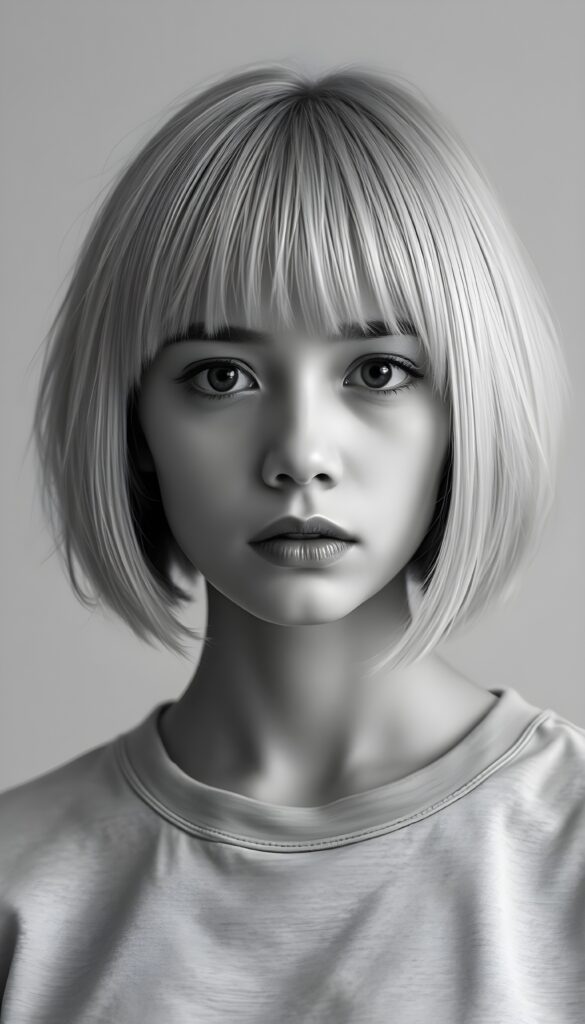 a detailed ((black and white photo)) from a young woman, bob and bangs cut, straight hair, full lips, dark eyes, she is sad, silver platinum hair. Cute. Stunning. Simple light grey T-Shirt. Empty light grey dotted backdrop. All in a slightly side view.