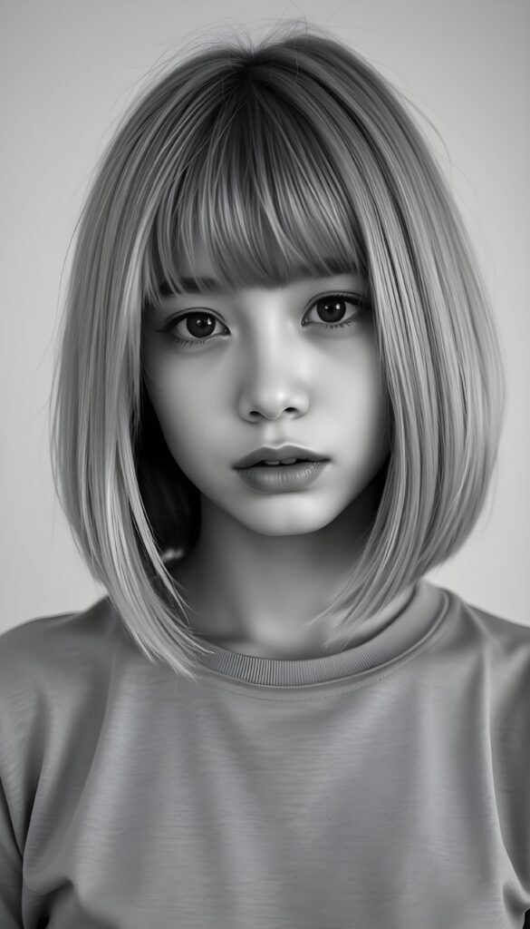 a detailed ((black and white photo)) from a young woman, bob and bangs cut, straight hair, full lips, dark eyes, she is sad, silver platinum hair. Cute. Stunning. Simple light grey T-Shirt. Empty light grey dotted backdrop. All in a slightly side view.