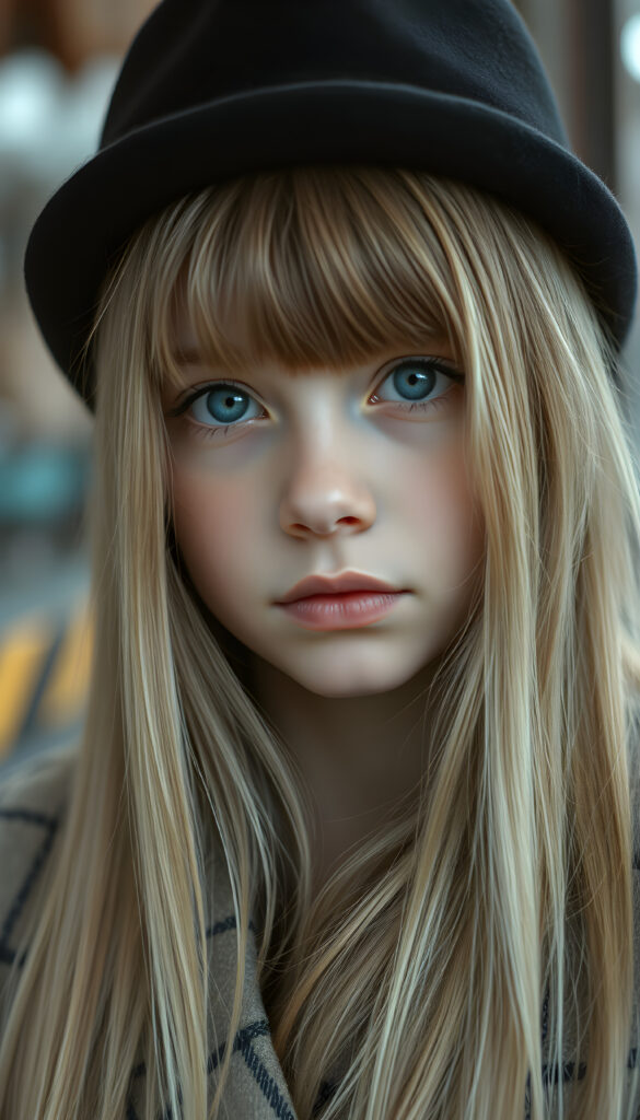 a detailed perfect portrait with pastel colors, young girl, 13 years old, she wears a ((black hat)), a ((checkered coat)), she look at the viewer, detailed shiny straight soft long ((blond hair)), ((light blue eyes)), full lips, round detailed face ((cute)), ((gorgeous))