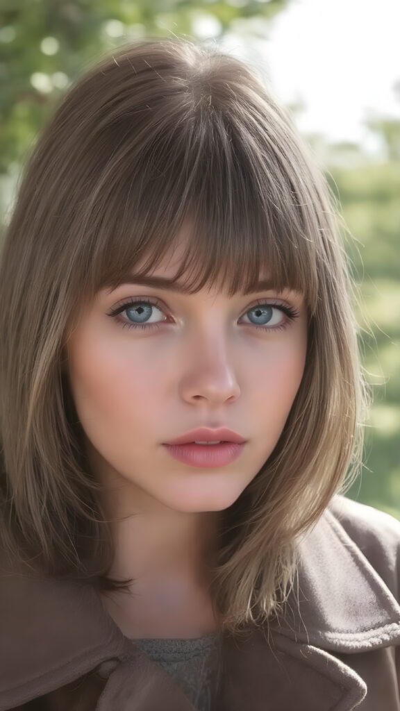 a detailed perfect hand drawing portrait with realistic colors, young cute teenage girl, she wears a ((coat in brown)), she look at the viewer, detailed straight brown super realistic hair, blue eyes, seductive, round detailed face, all against a sunny green natural backdrop