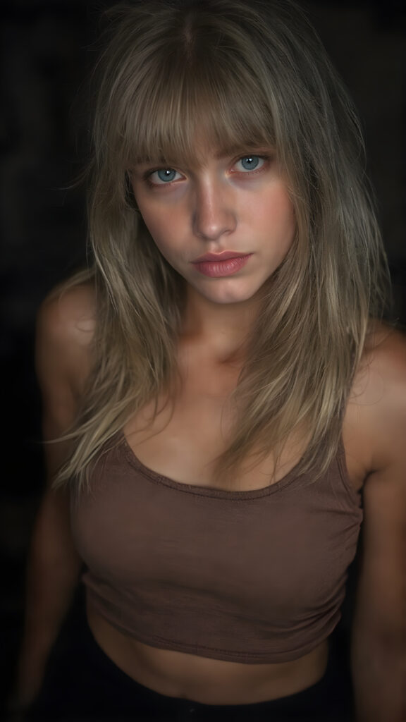 a detailed perfect photo, young cute tanned teen girl she is in a dark prison, she wears a ((short cropped tank top in brown)), perfect curved female body, she look at the viewer, detailed shiny straight long gold blond hair, bangs, blue eyes, round detailed face, short round black mini skirt, perfect belly button and tanned legs, she looks seductive