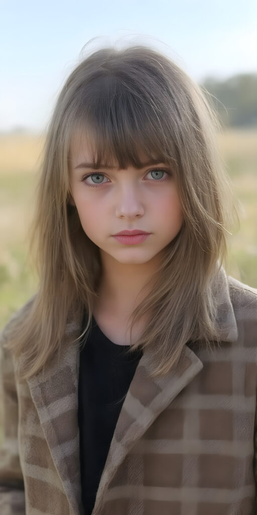a detailed perfect portrait with pastel colors, young cute girl, stands in a sunny meadow. She wears a ((checkered coat in brown and grey)) and black shirt, she look at the viewer, detailed shiny straight brown hair, blue eyes, round detailed face