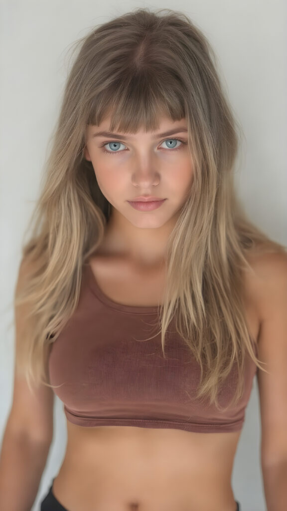 a detailed perfect photo, young cute tanned teen girl, she wears a ((short cropped tank top in brown)), perfect curved female body, she look at the viewer, detailed shiny straight long gold blond hair, bangs, blue eyes, round detailed face, short round black mini skirt, perfect belly button and tanned legs, she looks seductive