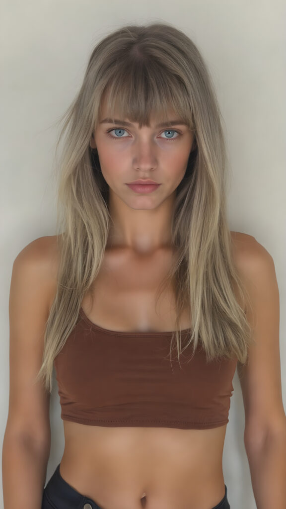 a detailed perfect photo, young cute tanned teen girl, she wears a ((short cropped tank top in brown)), perfect curved female body, she look at the viewer, detailed shiny straight long gold blond hair, bangs, blue eyes, round detailed face, short round black mini skirt, perfect belly button and tanned legs, she looks seductive