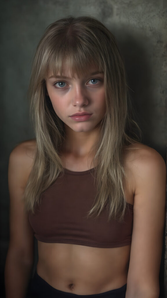 a detailed perfect photo, young cute tanned teen girl she is in a dark prison, she wears a ((short cropped tank top in brown)), perfect curved female body, she look at the viewer, detailed shiny straight long gold blond hair, bangs, blue eyes, round detailed face, short round black mini skirt, perfect belly button and tanned legs, she looks seductive