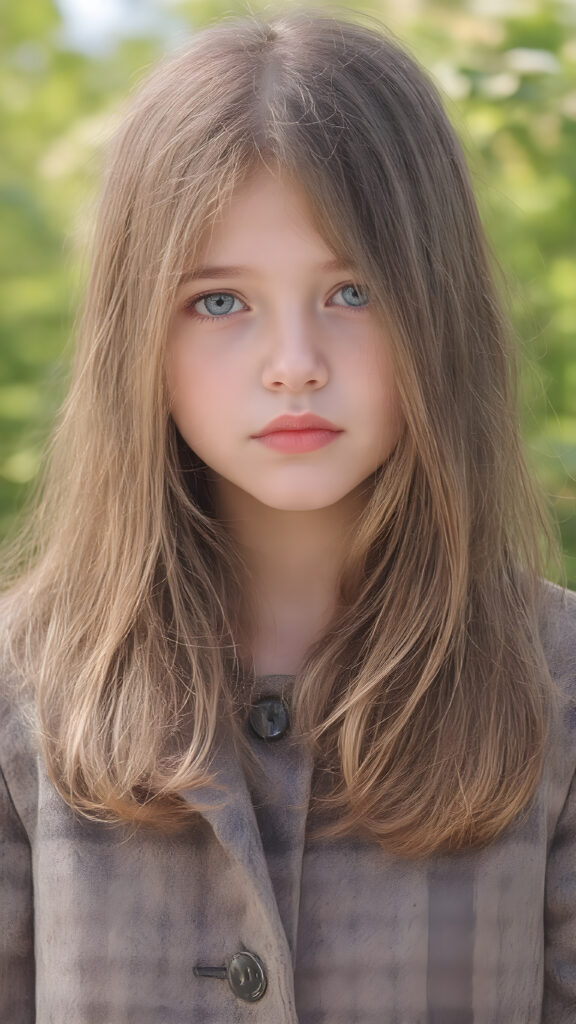 a detailed perfect hand drawing portrait with pastel colors, young cute girl, she wears a ((checkered coat in brown and grey)), she look at the viewer, detailed shiny straight brown hair, blue eyes, round detailed face, all against a sunny green natural backdrop