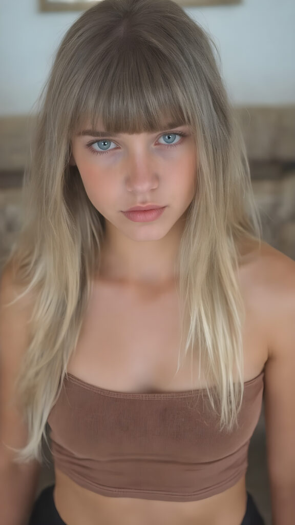 a detailed perfect photo, young cute tanned teen girl, she wears a ((short cropped tank top in brown)), perfect curved female body, she look at the viewer, detailed shiny straight long gold blond hair, bangs, blue eyes, round detailed face, short round black mini skirt, perfect belly button and tanned legs, she looks seductive