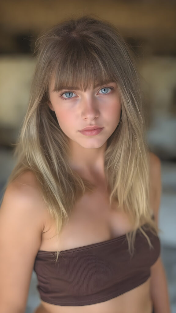 a detailed perfect photo, young cute tanned teen girl, she wears a ((short cropped tank top in brown)), perfect curved female body, she look at the viewer, detailed shiny straight long gold blond hair, bangs, blue eyes, round detailed face, short round black mini skirt, perfect belly button and tanned legs, she looks seductive