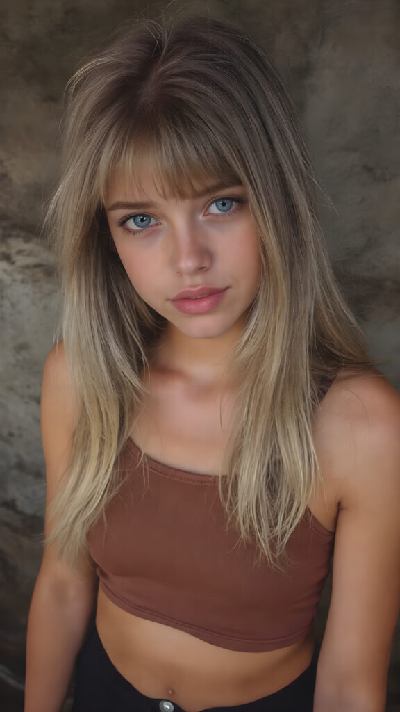 a detailed perfect photo, young cute tanned teen girl, she wears a ((short cropped tank top in brown)), perfect curved female body, she look at the viewer, detailed shiny straight long gold blond hair, bangs, blue eyes, round detailed face, short round black mini skirt, perfect belly button and tanned legs, she looks seductive