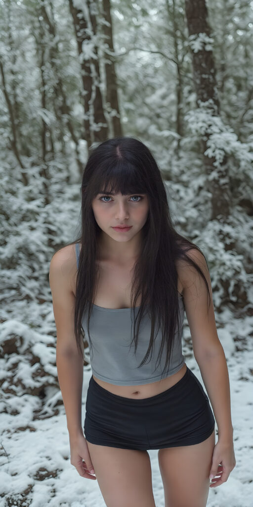 a detailed perfect photo, young cute teen girl, in a snowy ice forest. She wears a ((cropped tank top)), she look at the viewer, detailed straight long black hair, bangs, round detailed face, short round black mini skirt, perfect legs, she looks seductive