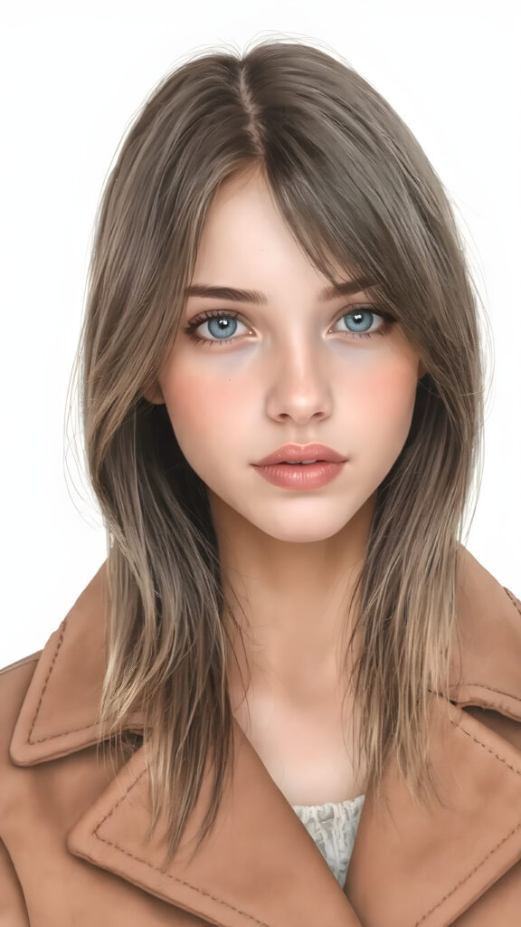 a detailed perfect alcohol ink hand drawing portrait with realistic colors, young cute tanned teenage girl, she wears a ((coat in brown)), she look at the viewer, detailed shiny straight brown hair, hazelnut eyes, seductive, round detailed face, ((all against a amber backdrop))