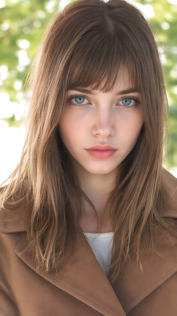a detailed perfect hand drawing portrait with realistic colors, young cute teenage girl, she wears a ((coat in brown)), she look at the viewer, detailed straight brown super realistic hair, blue eyes, seductive, round detailed face, all against a sunny green natural backdrop