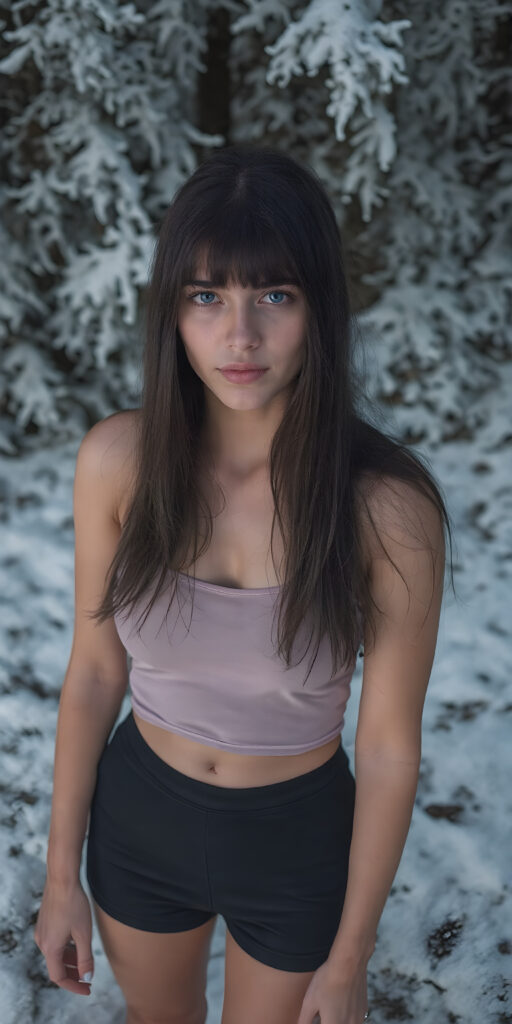 a detailed perfect photo, young cute teen girl, in a snowy ice forest. She wears a ((cropped tank top)), she look at the viewer, detailed straight long black hair, bangs, round detailed face, short round black mini skirt, perfect legs, she looks seductive
