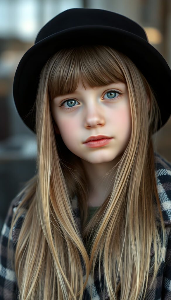 a detailed perfect portrait with pastel colors, young girl, 13 years old, she wears a ((black hat)), a ((checkered coat)), she look at the viewer, detailed shiny straight soft long ((blond hair)), ((light blue eyes)), full lips, round detailed face ((cute)), ((gorgeous))