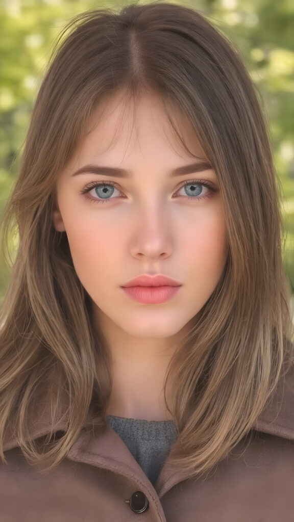 a detailed perfect hand drawing portrait with realistic colors, young cute teenage girl, she wears a ((coat in brown)), she look at the viewer, detailed straight brown super realistic hair, blue eyes, seductive, round detailed face, all against a sunny green natural backdrop