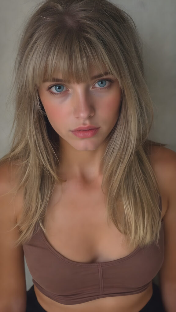 a detailed perfect photo, young cute tanned teen girl, she wears a ((short cropped tank top in brown)), perfect curved female body, she look at the viewer, detailed shiny straight long gold blond hair, bangs, blue eyes, round detailed face, short round black mini skirt, perfect belly button and tanned legs, she looks seductive