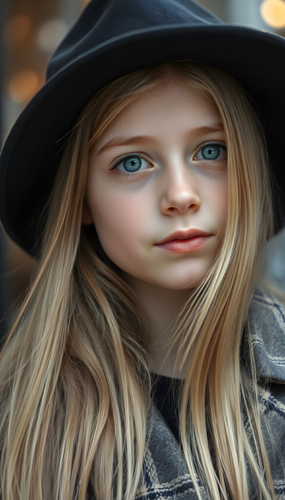a detailed perfect portrait with pastel colors, young girl, 13 years old, she wears a ((black hat)), a ((checkered coat)), she look at the viewer, detailed shiny straight soft long ((blond hair)), ((light blue eyes)), full lips, round detailed face ((cute)), ((gorgeous))