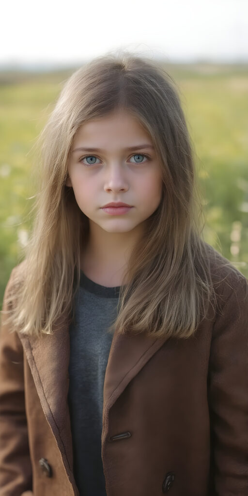 a detailed perfect portrait with pastel colors, young cute girl, stands in a sunny meadow. She wears a ((checkered coat in brown and grey)) and black shirt, she look at the viewer, detailed shiny straight brown hair, blue eyes, round detailed face