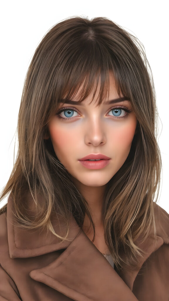 a detailed perfect alcohol ink hand drawing portrait with realistic colors, young cute tanned teenage girl, she wears a ((coat in brown)), she look at the viewer, detailed shiny straight brown hair, hazelnut eyes, seductive, round detailed face, ((all against a amber backdrop))