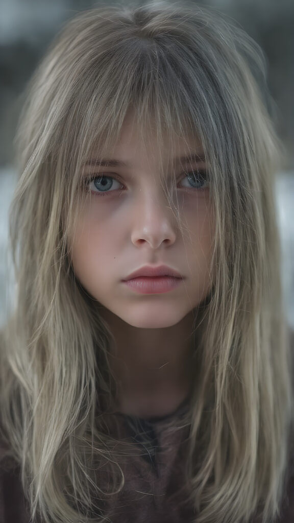 a detailed perfect portrait, young girl, 13 years old, she wears a ((coat)), she looks very sad at the viewer, detailed shiny ((straight soft long soft ash grey hair)), full lips, round detailed face ((cute)), ((gorgeous)), detailed amber eyes, cinematic