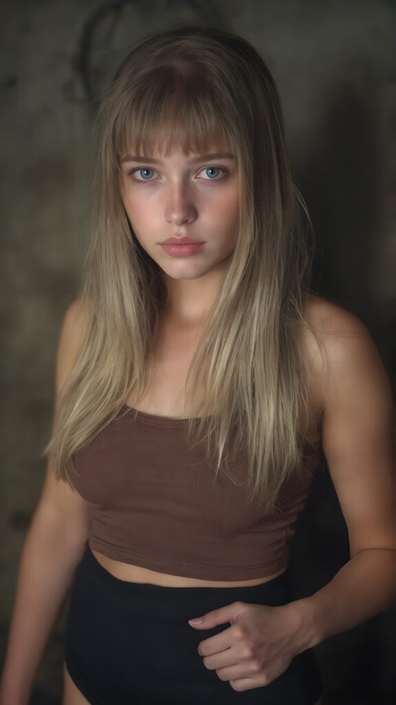 a detailed perfect photo, young cute tanned teen girl she is in a dark prison, she wears a ((short cropped tank top in brown)), perfect curved female body, she look at the viewer, detailed shiny straight long gold blond hair, bangs, blue eyes, round detailed face, short round black mini skirt, perfect belly button and tanned legs, she looks seductive